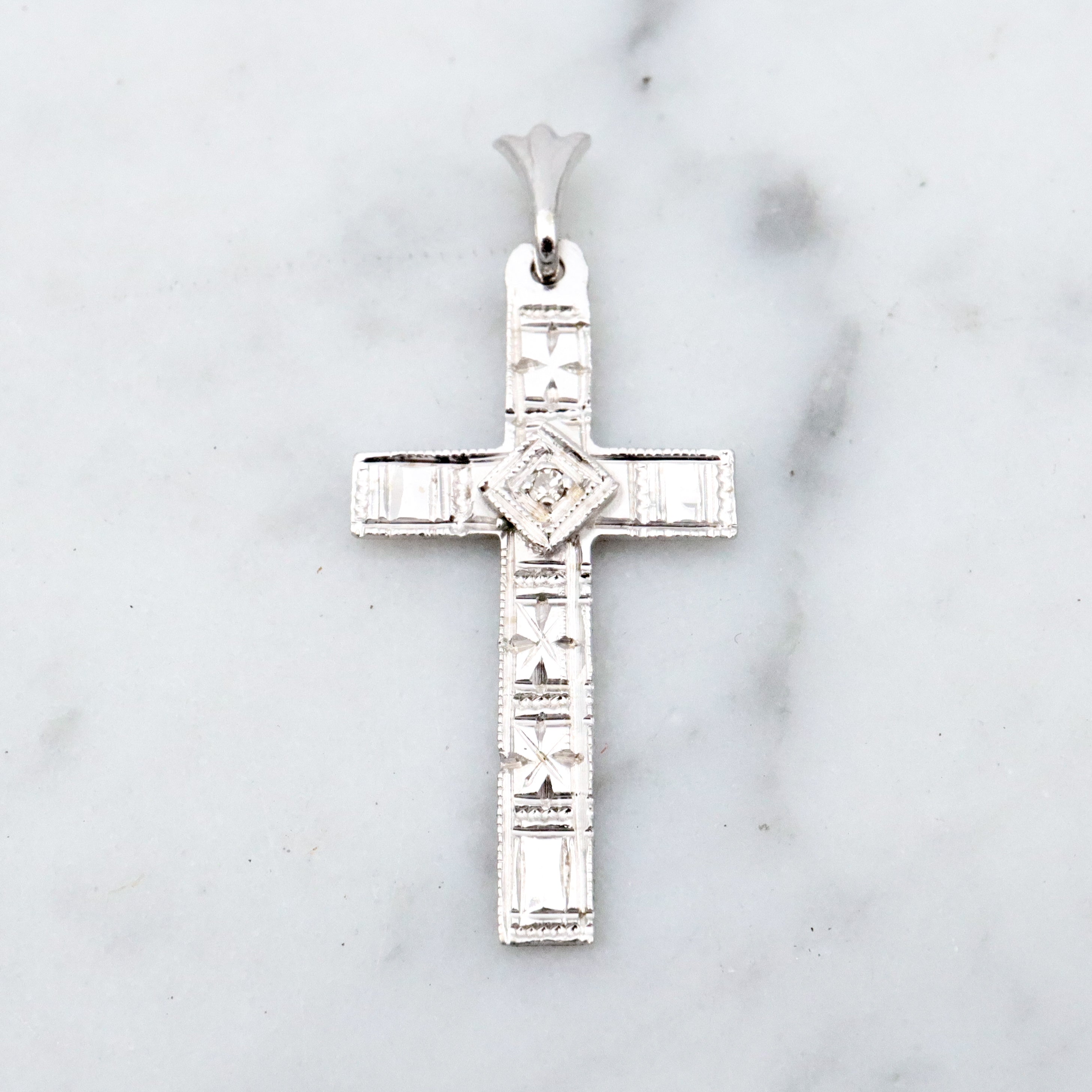 Antique Art Deco 14k white gold engraved cross pendant with old mine cut diamond